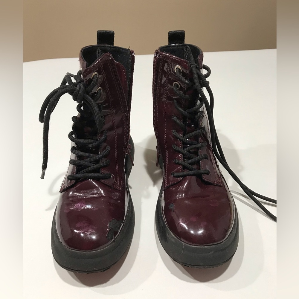 🍏🍏🍏 Zara Girl’s Burgundy Zipper Decor. Lace Up Platform Booties, Size 3 US